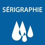 Logo bleu 'SÉRIGRAPHIE' avec trois gouttes blanches