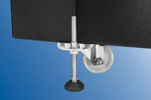 Pied réglable sur meuble avec roulette grise.