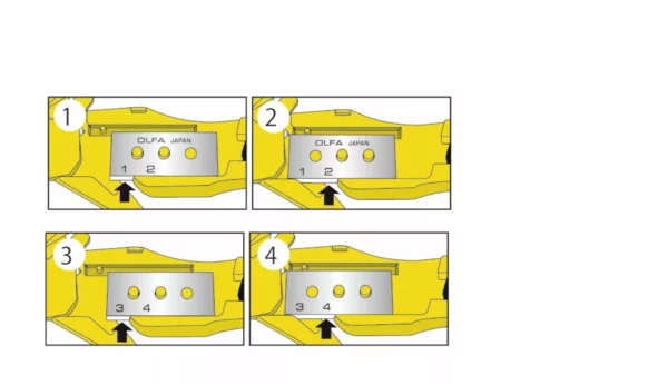 Schéma réglage lame cutter OLFA en quatre étapes