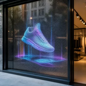 Baskets holographiques en vitrine futuriste
